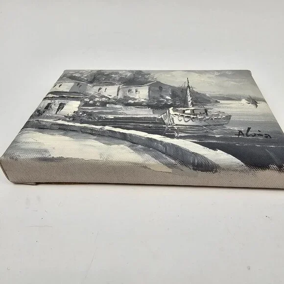 Vintage Painting Canvas Signed Small Water Scene Harbor Boat Landscape Grayscale - Picture 3 of 10